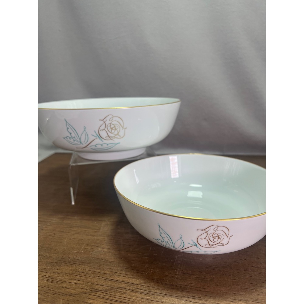 Easterling Spencerian Rose Round Vegetable Serving Bowls DelicateTeal Floral MCM